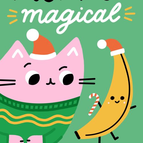 Festive cat and banana wearing Santa hats by Genna Blackburn