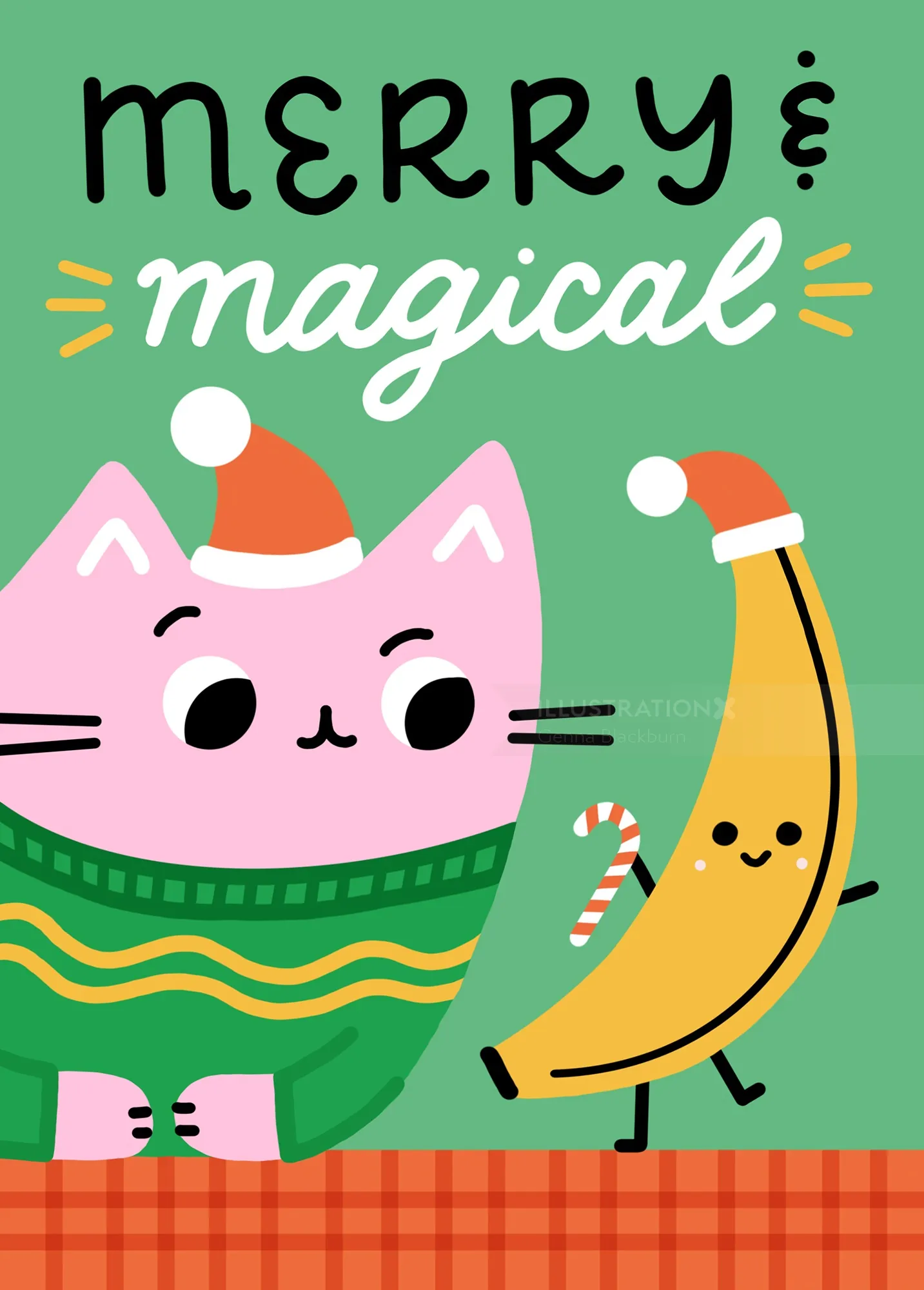 Festliche Katze und Banane mit Weihnachtsmannmützen von Genna Blackburn