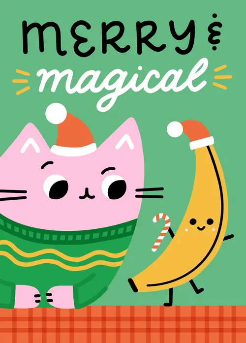 Festive cat and banana wearing Santa hats by Genna Blackburn