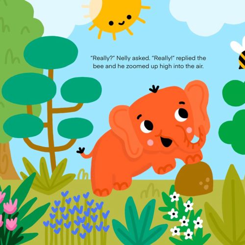 An orange elephant curiously watching a bee near flowers in jungle by Genna Blackburn