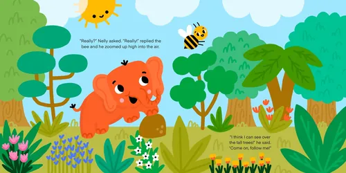 An orange elephant curiously watching a bee near flowers in jungle by Genna Blackburn