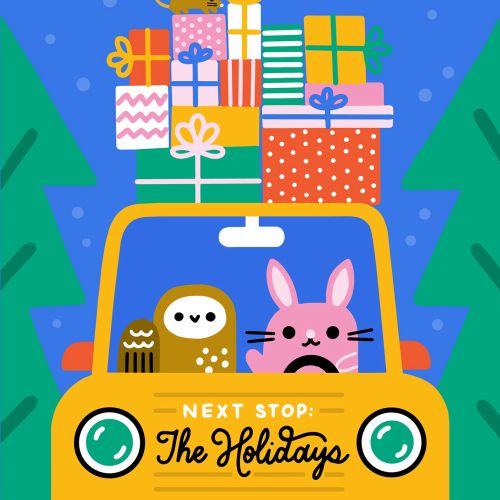 Holiday car ride with owl and bunny carrying gifts by Genna Blackburn