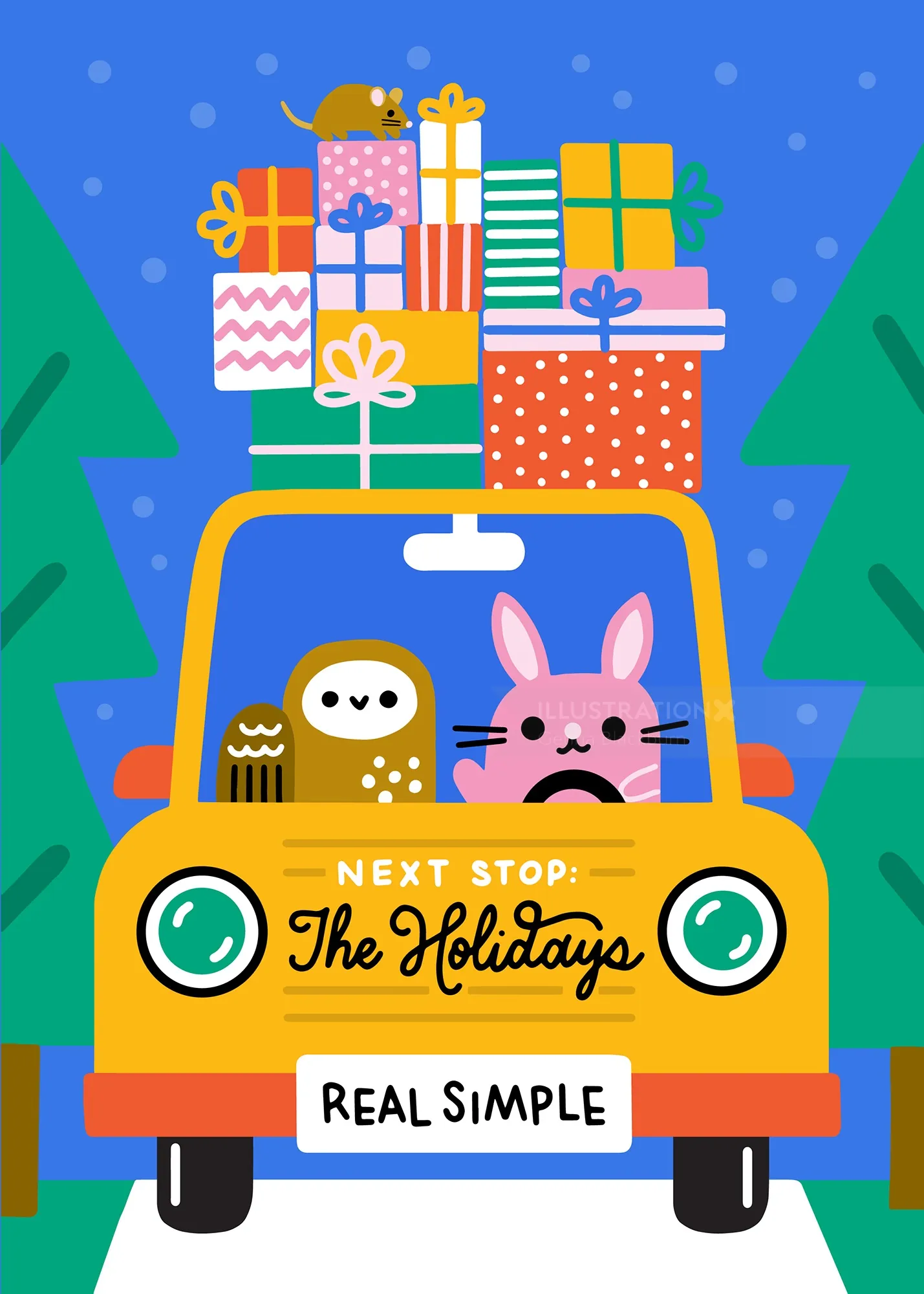 Holiday car ride with owl and bunny carrying gifts by Genna Blackburn