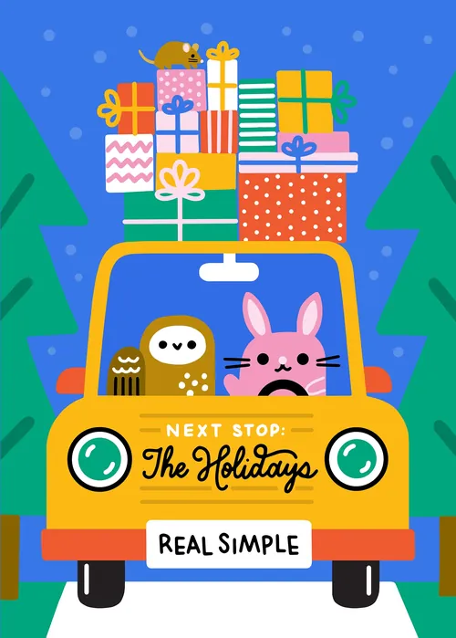 Holiday car ride with owl and bunny carrying gifts by Genna Blackburn