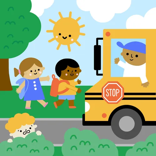 Children boarding a school bus with a smiling driver and sun by Genna Blackburn