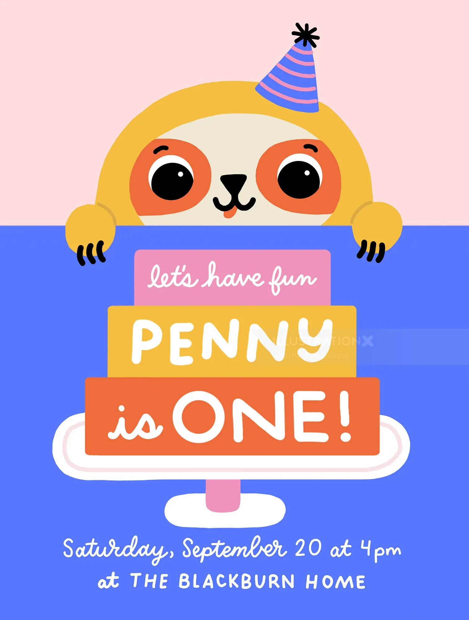 Birthday sloth with party hat peeking over cake that says Penny is one by Genna Blackburn