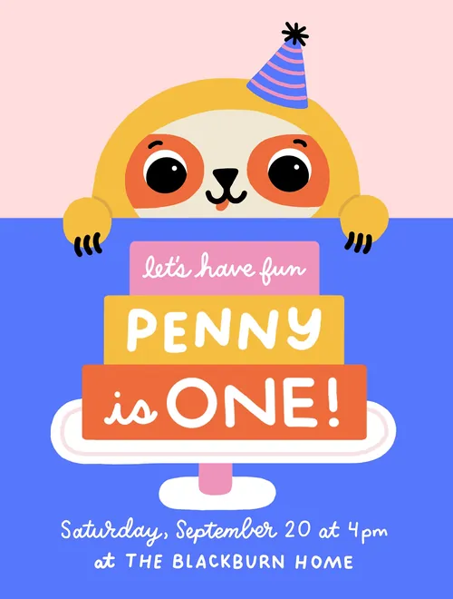 Birthday sloth with party hat peeking over cake that says Penny is one by Genna Blackburn