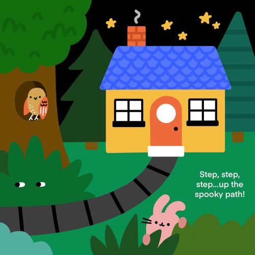 Children trick-or-treating on a spooky path with ghost, owl, and cat by Genna Blackburn