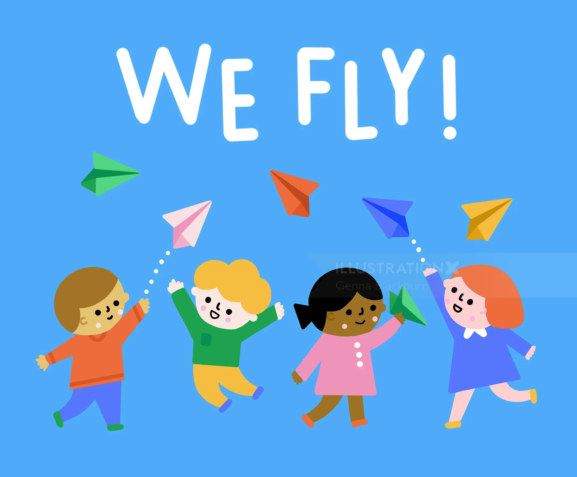 Kinder spielen mit bunten Papierfliegern von Genna Blackburn