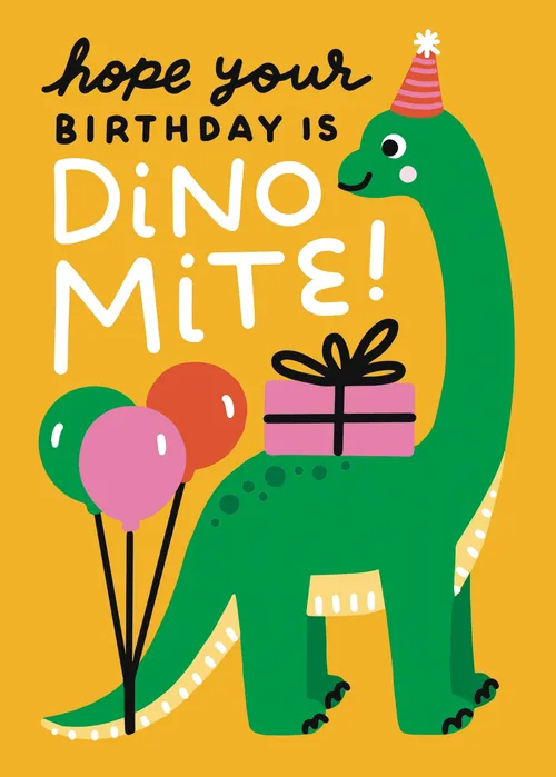 Green dinosaur with party hat, balloons, and gift by Genna Blackburn