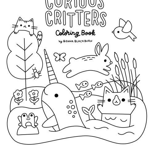 Black and white coloring book cover with animals and nature by Genna Blackburn