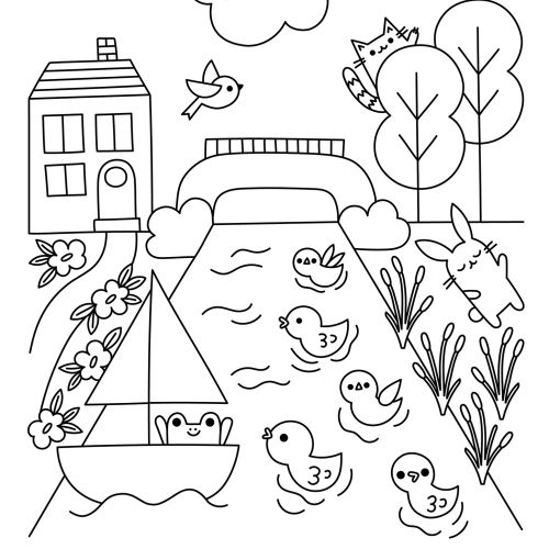 Line drawing of a sunny nature scene with animals, boat, and trees by Genna Blackburn