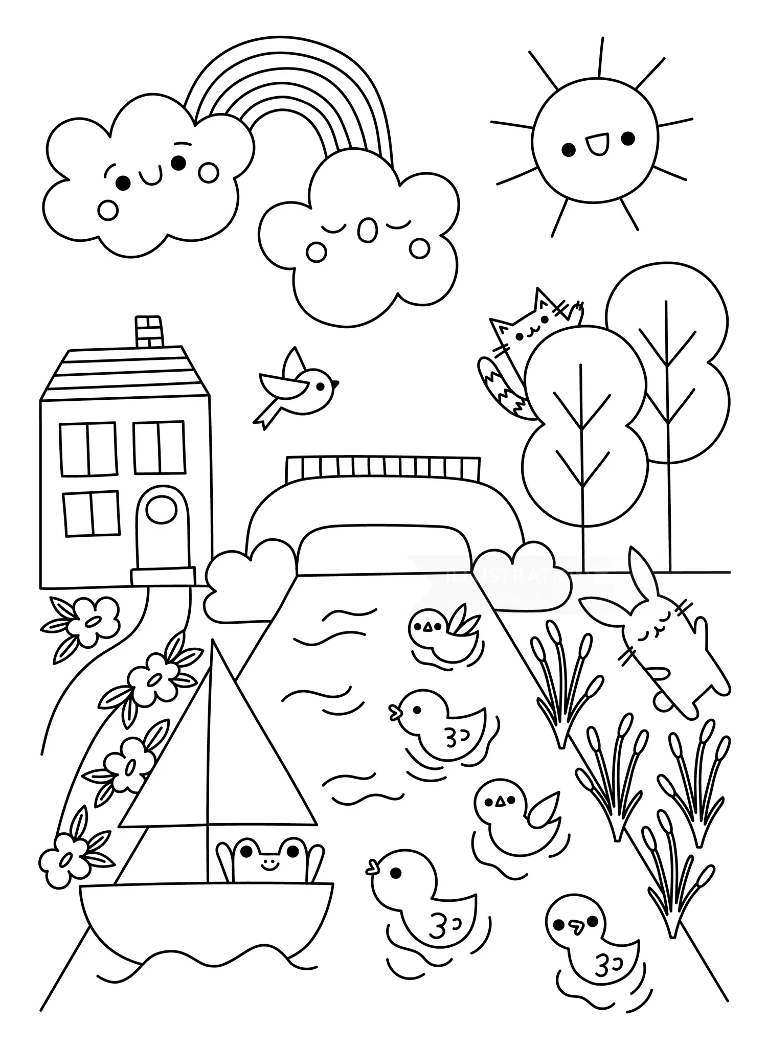 Dibujo lineal de una escena natural soleada con animales, un barco y árboles, realizado por Genna Blackburn