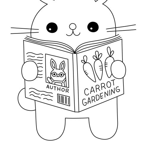Illustration of bunny reading Carrot Gardening with book cover showing carrots by Genna Blackburn