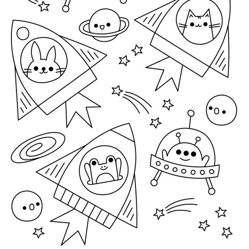 Black and white space scene with cats, frog, and aliens in rockets and UFOs by Genna Blackburn