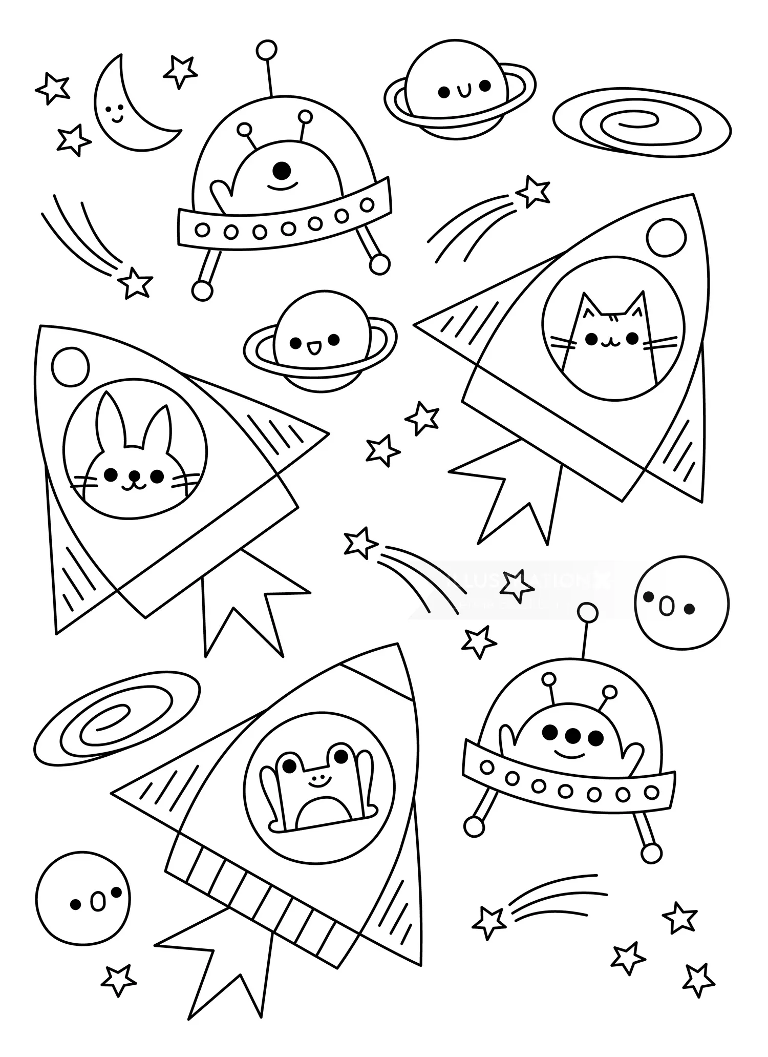 고양이, 개구리, 그리고 로켓과 UFO를 탄 외계인들이 있는 흑백 우주 풍경 (작가: Genna Blackburn)