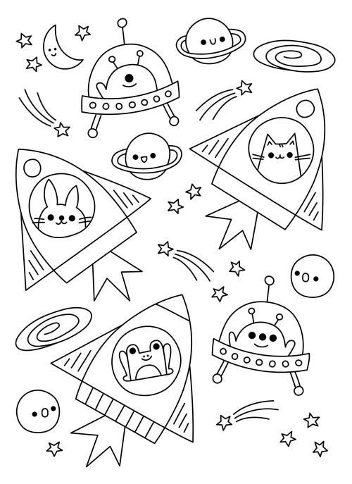 고양이, 개구리, 그리고 로켓과 UFO를 탄 외계인들이 있는 흑백 우주 풍경 (작가: Genna Blackburn)