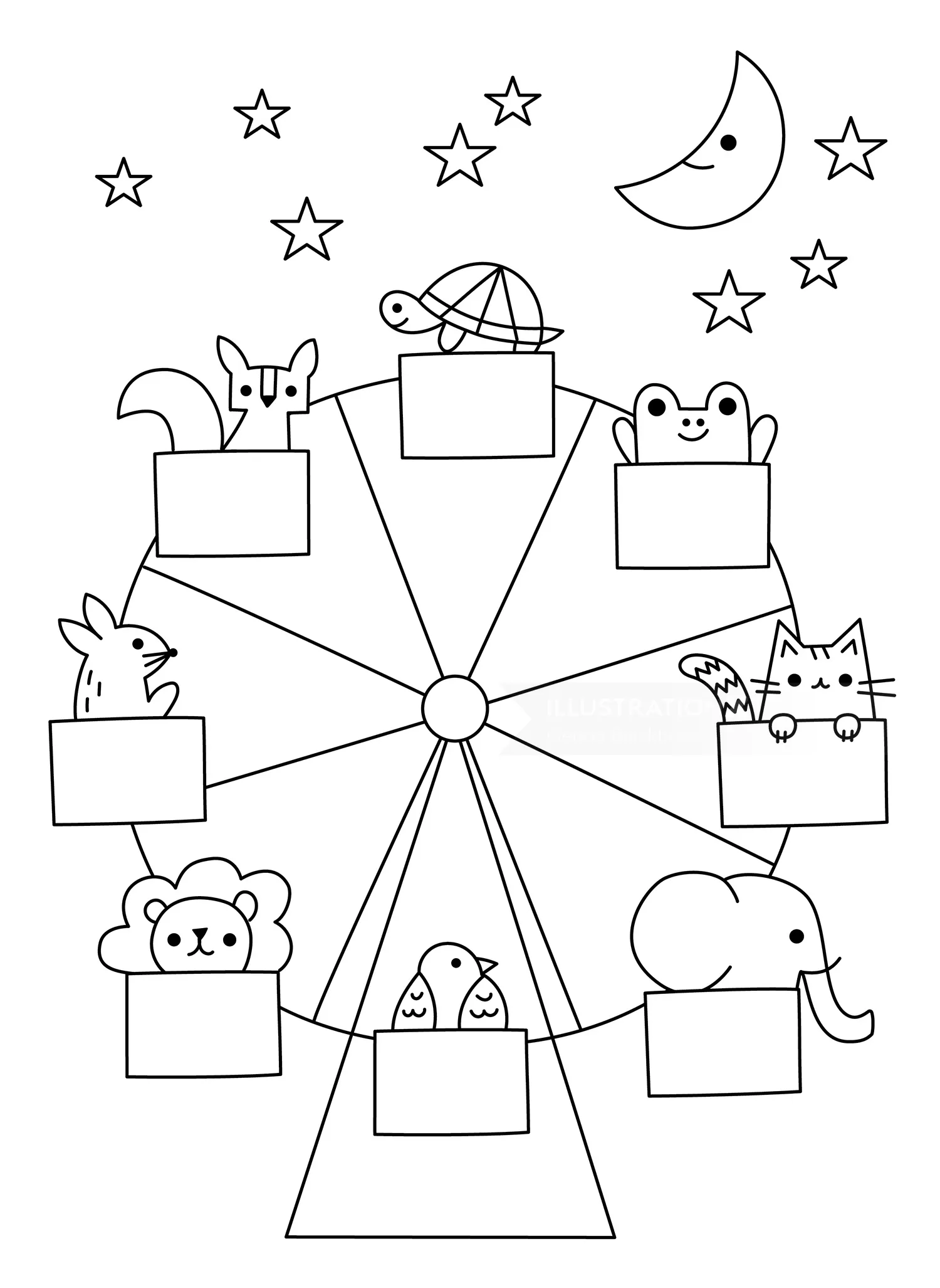Line drawing of animals riding a ferris wheel at night by Genna Blackburn