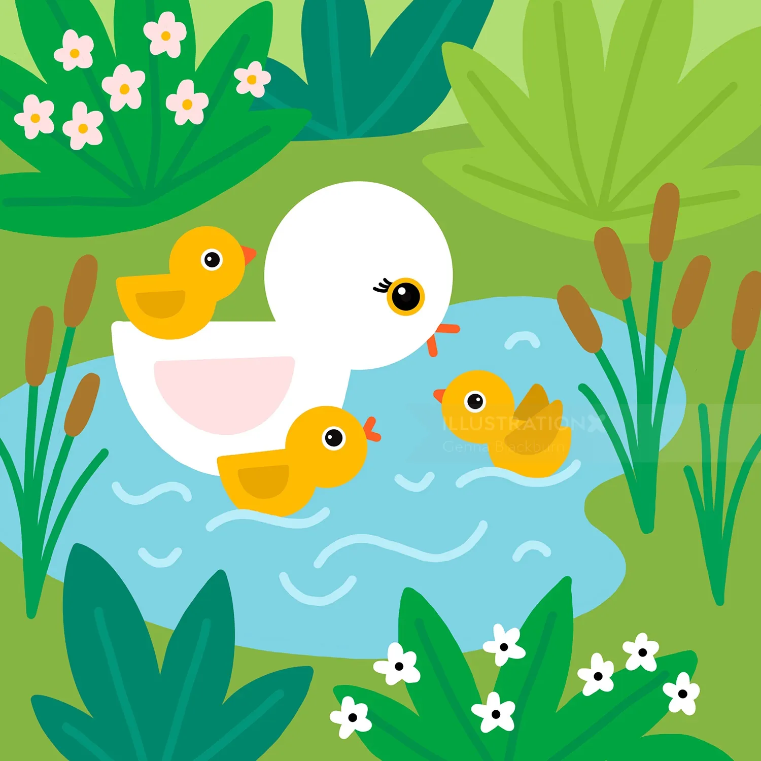 Una mamá pata y sus tres patitos nadando en un estanque (por Genna Blackburn)