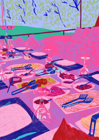 ピンクの朝食の自主制作アート