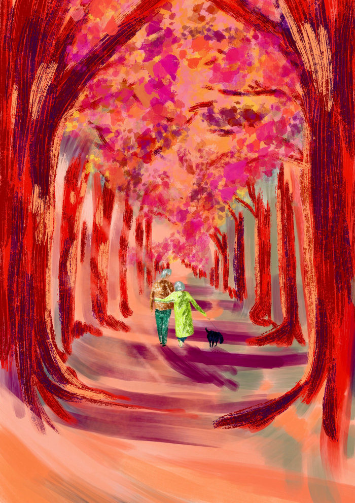 Desenho de giz de cera de casal caminhando no parque