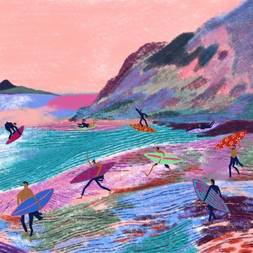 Summertime surfing scene painted
