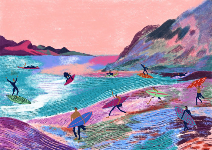 Summertime surfing scene painted