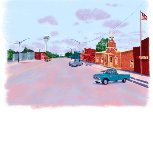 Mid Western town scene watercolor painting