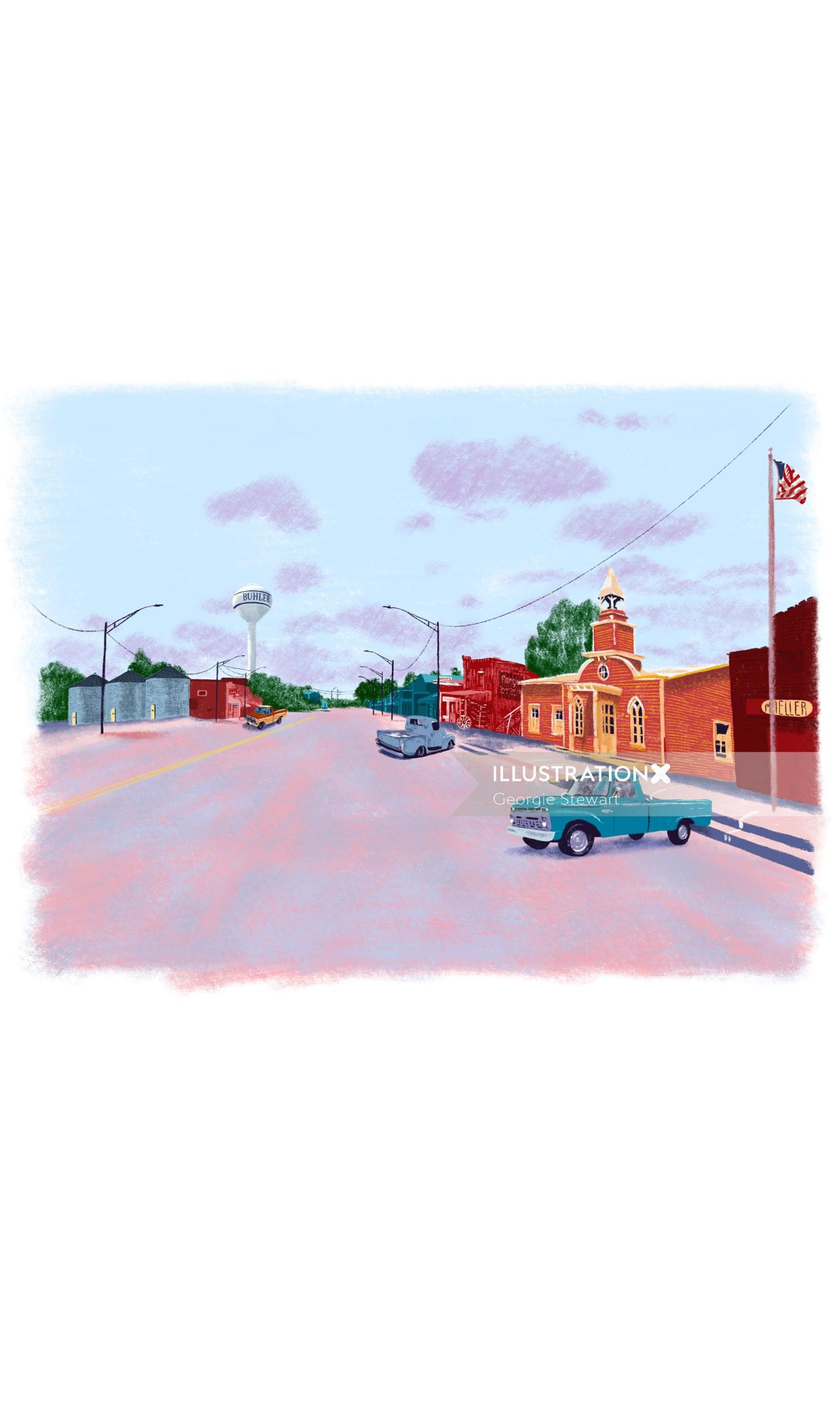 Peinture à l&#39;aquarelle de scène de ville de Mid Western