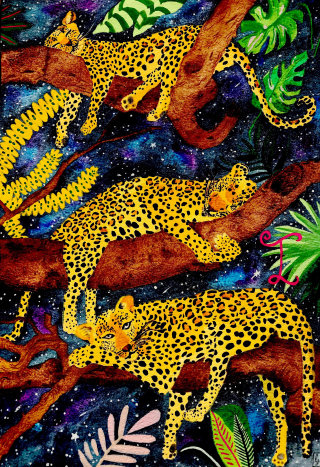 打瞌睡的豹子水彩画