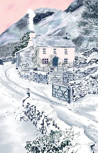 Painting of a Christmas Cottage at Countryside