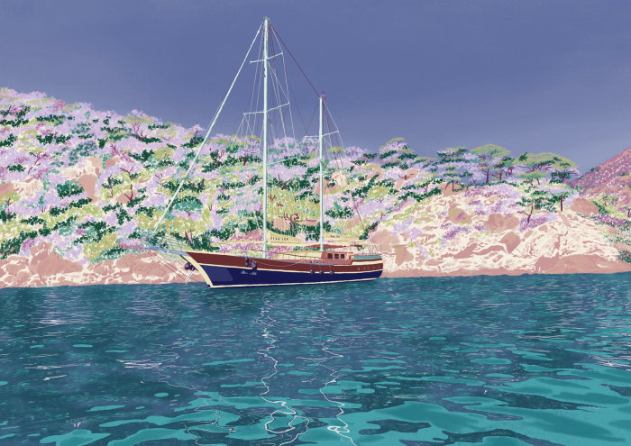 Caro Lila Yacht ilustração em pastel de óleo