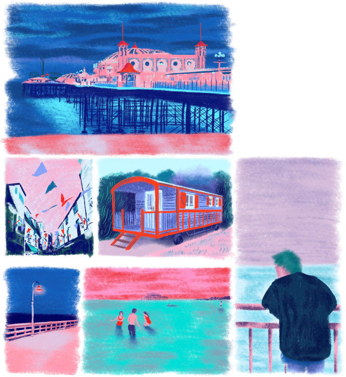 Pintura de colagem de uma viagem de fim de semana para Brighton