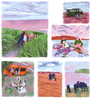 Collage artwork of the campers' lifestyle