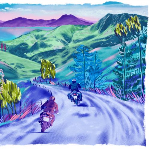 Painting of bike travelers in the countryside