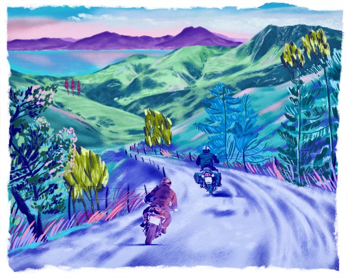 Peinture de voyageurs à vélo à la campagne