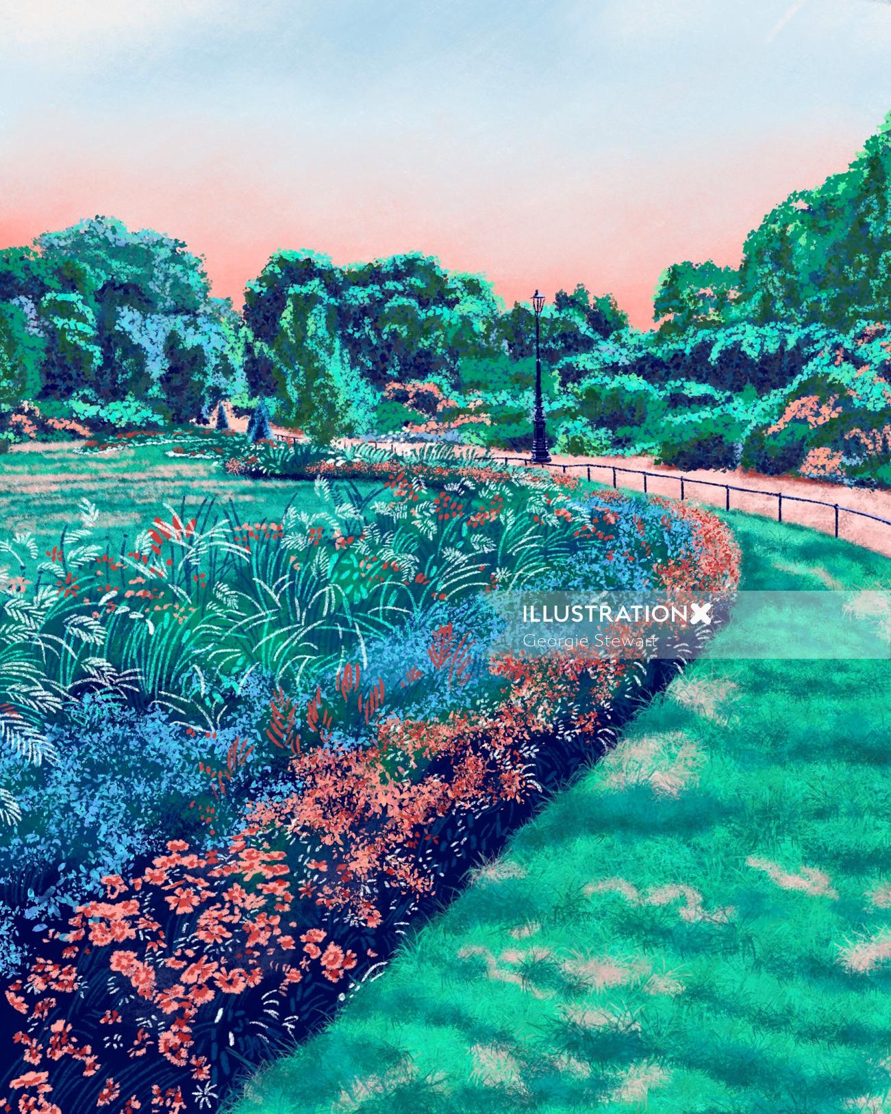 Apple Inc のハイド パーク ローズ ガーデンのスケッチ アートワーク