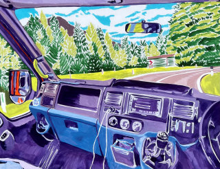 Gouache painting of Georgie traveling in her van