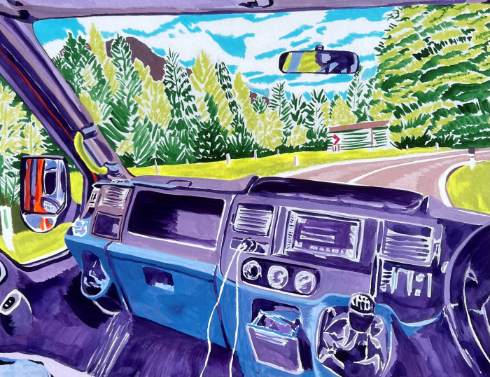 Peinture à la gouache de Georgie voyageant dans sa camionnette