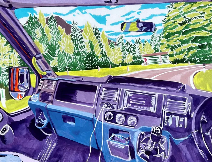 Gouache painting of Georgie traveling in her van