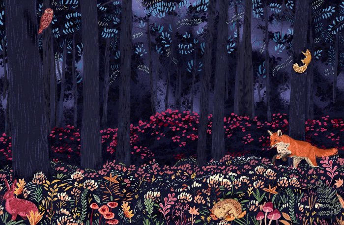 Pintura de uma cena de floresta para um livro infantil