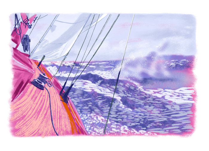 Pintura de um mar tempestuoso com um navio à vela