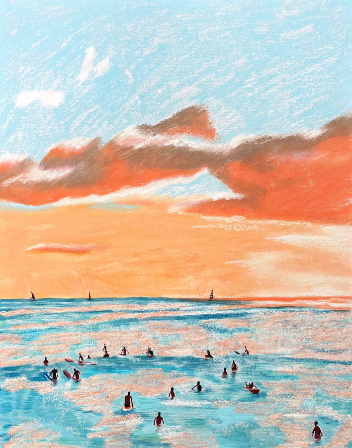Croquis au crayon d&#39;artiste représentant des surfeurs