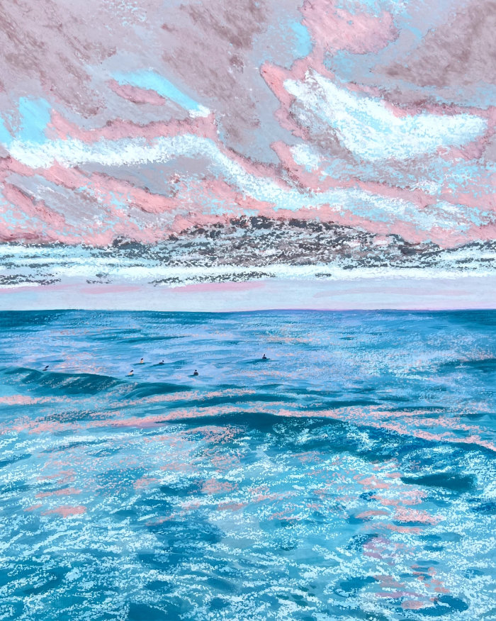 Ondas do mar com nuvens em uma pintura