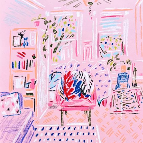 Illustration of a colorful living room with furniture and patterns by Georgie Stewart