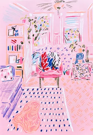 Illustration of a colorful living room with furniture and patterns by Georgie Stewart