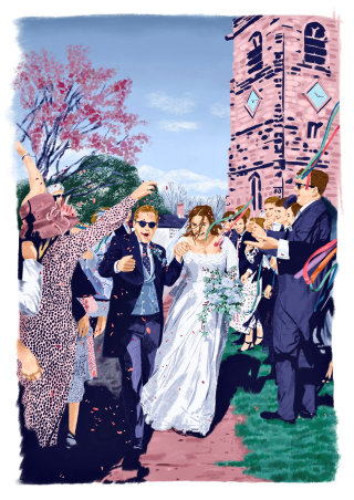 Illustration of Henry and Katie’s spring wedding