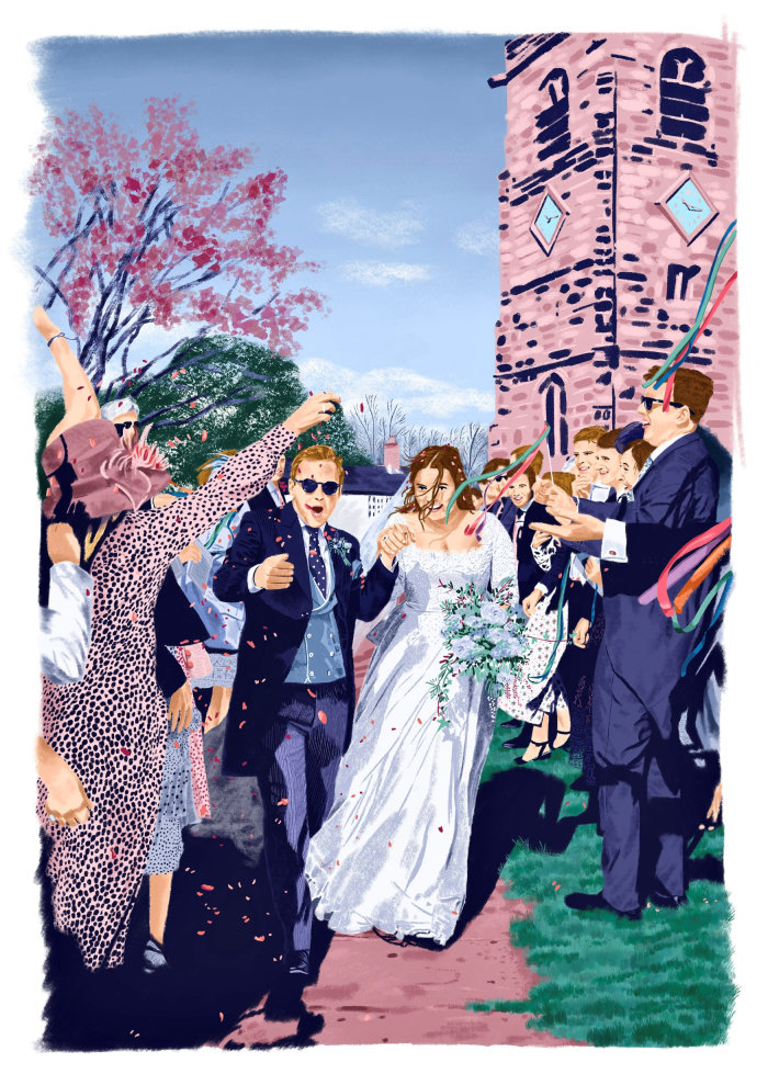 Illustration of Henry and Katie’s spring wedding