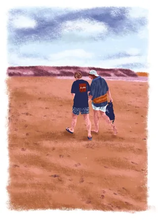 Two people walking on a sandy beach under cloudy sky, artwork by Georgie Stewart