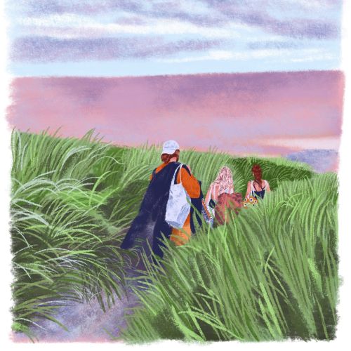 People walking through tall grass toward a pink and purple sunset by Georgie Stewart